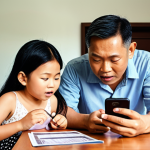 **Concept:** A Malaysian family using a budgeting app on a smartphone, illustrating clear terms and conditions for financial security. **Prompt:** A brightly lit Malaysian family (father, mother, child) gathered around a table, focused on a smartphone displaying a budgeting app with easily understandable terms and conditions. Emphasis on trust and financial well-being.