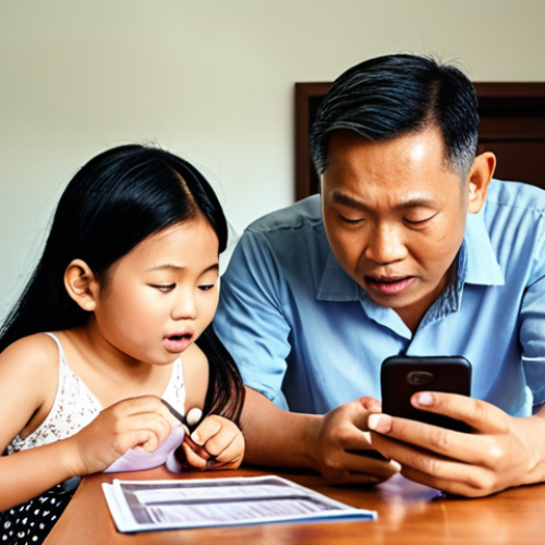 Home 4 **Concept:** A Malaysian family using a budgeting app on a smartphone, illustrating clear terms and conditions for financial security. **Prompt:** A brightly lit Malaysian family (father, mother, child) gathered around a table, focused on a smartphone displaying a budgeting app with easily understandable terms and conditions. Emphasis on trust and financial well-being.