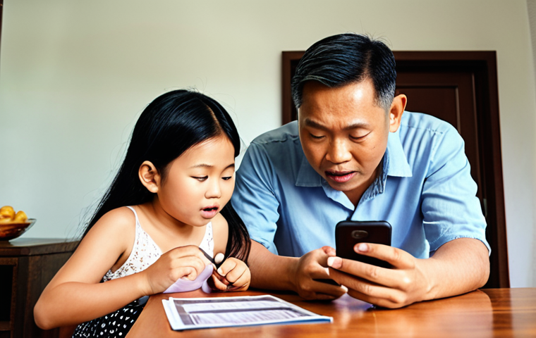 **Concept:** A Malaysian family using a budgeting app on a smartphone, illustrating clear terms and conditions for financial security. **Prompt:** A brightly lit Malaysian family (father, mother, child) gathered around a table, focused on a smartphone displaying a budgeting app with easily understandable terms and conditions. Emphasis on trust and financial well-being.