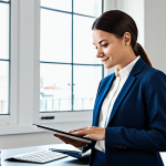 A focused professional individual, fully clothed in modest business casual attire, calmly managing their personal finances on a digital tablet in a bright, modern home office. The scene emphasizes financial organization and peace of mind, with a clean and contemporary aesthetic. Perfect anatomy, correct proportions, natural pose, well-formed hands, proper finger count, natural body proportions, high-quality professional photography, safe for work, appropriate content, fully clothed, modest.