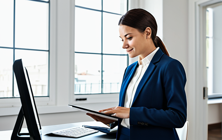A focused professional individual, fully clothed in modest business casual attire, calmly managing their personal finances on a digital tablet in a bright, modern home office. The scene emphasizes financial organization and peace of mind, with a clean and contemporary aesthetic. Perfect anatomy, correct proportions, natural pose, well-formed hands, proper finger count, natural body proportions, high-quality professional photography, safe for work, appropriate content, fully clothed, modest.